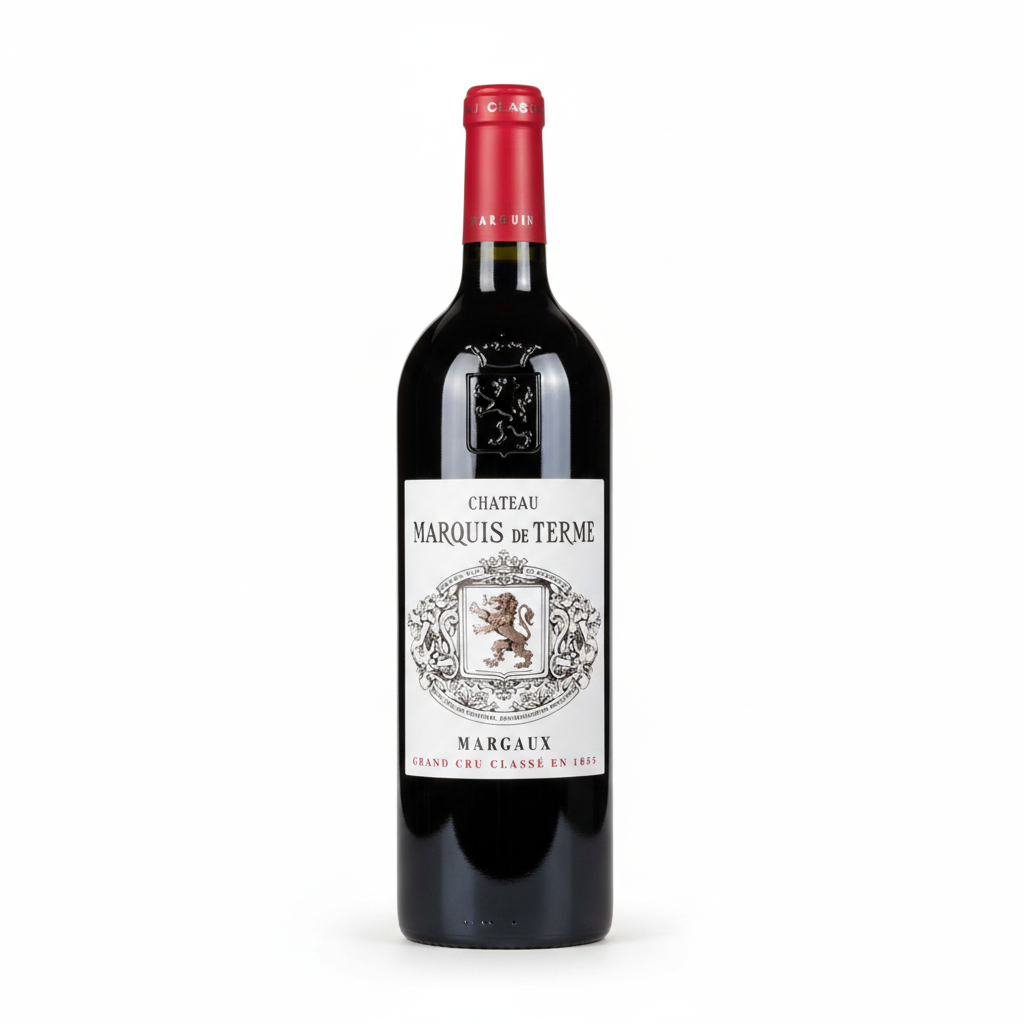 Bottle of Chateau Marquis De Terme 2016 red wine with label and cork visible, showcasing a Bordeaux wine from Chateau.