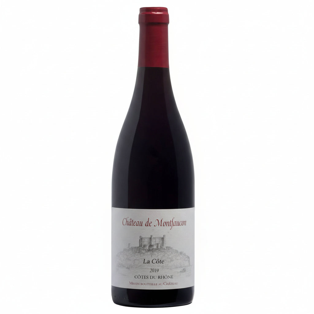 Bottle of Chateau Montfaucon Cotes du Rhone wine with label visible, featuring a dark glass bottle and elegant label design.