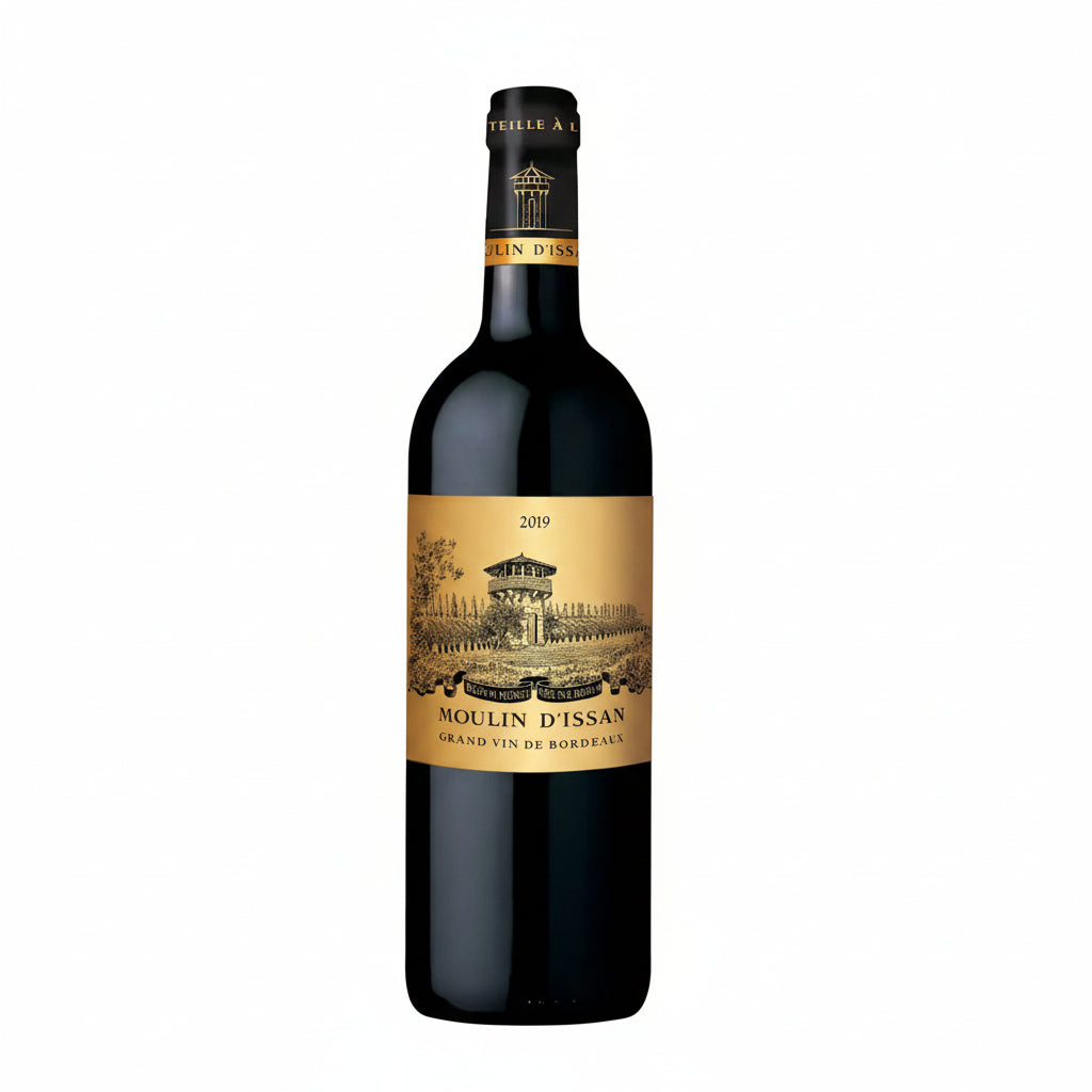 Chateau Moulin d'issan wine bottle, featuring a label with elegant branding and classic design, on a neutral background.
