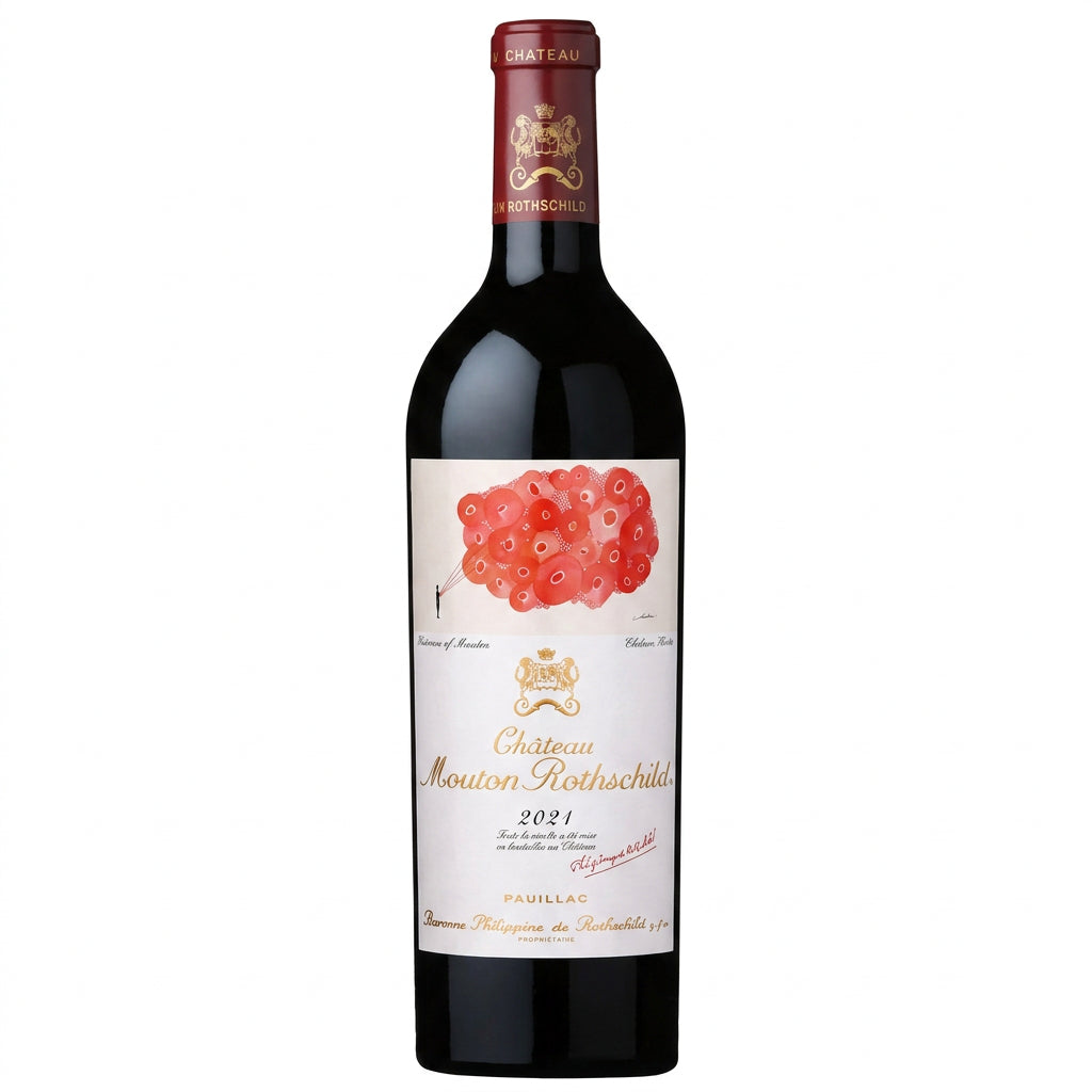 Bottle of Chateau Mouton Rothschild 2021 red wine with label visible, showcasing the luxury Bordeaux wine from Chateau.