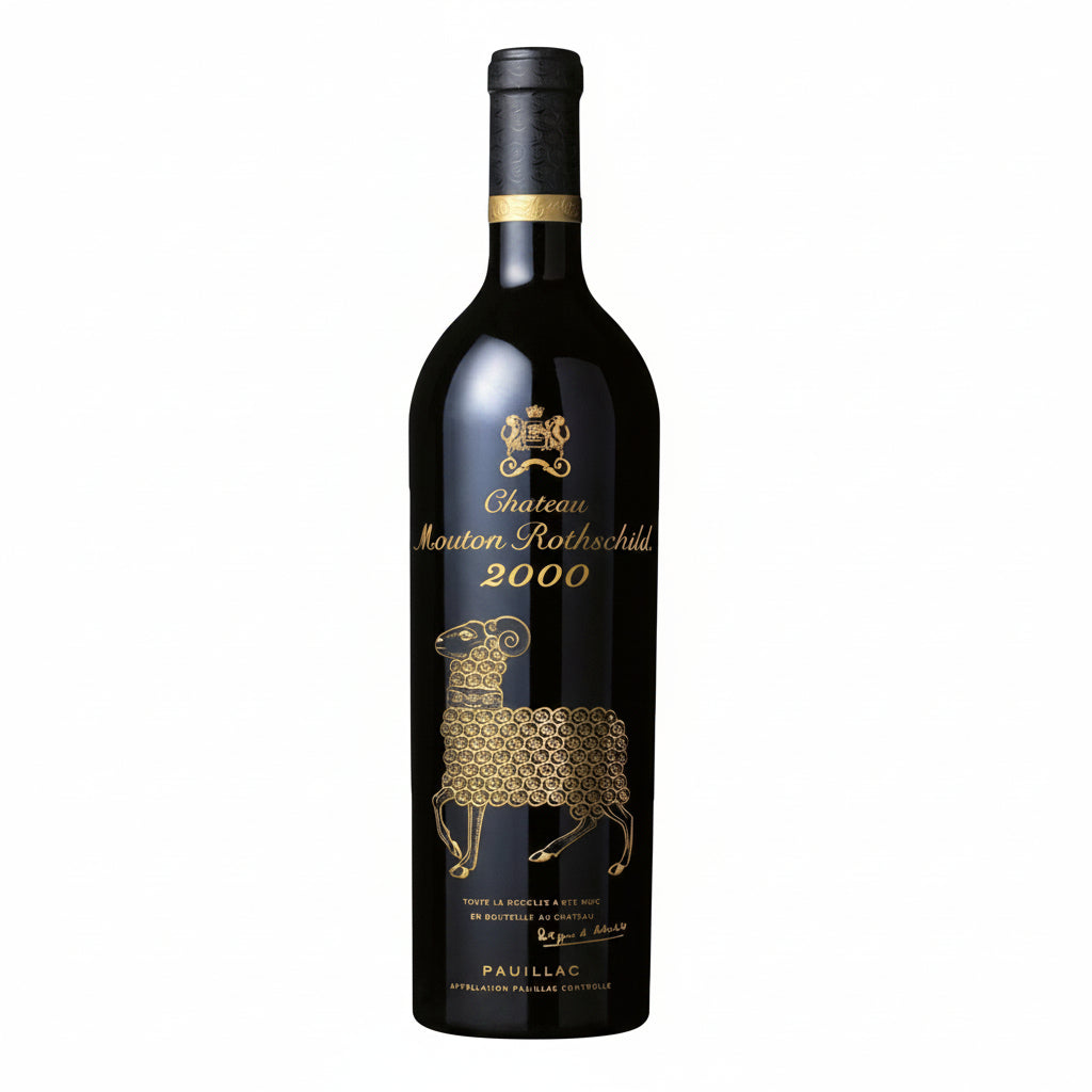 Bottle of Chateau Mouton Rothschild Premier Cru Classe red wine with a detailed label and elegant bottle design.