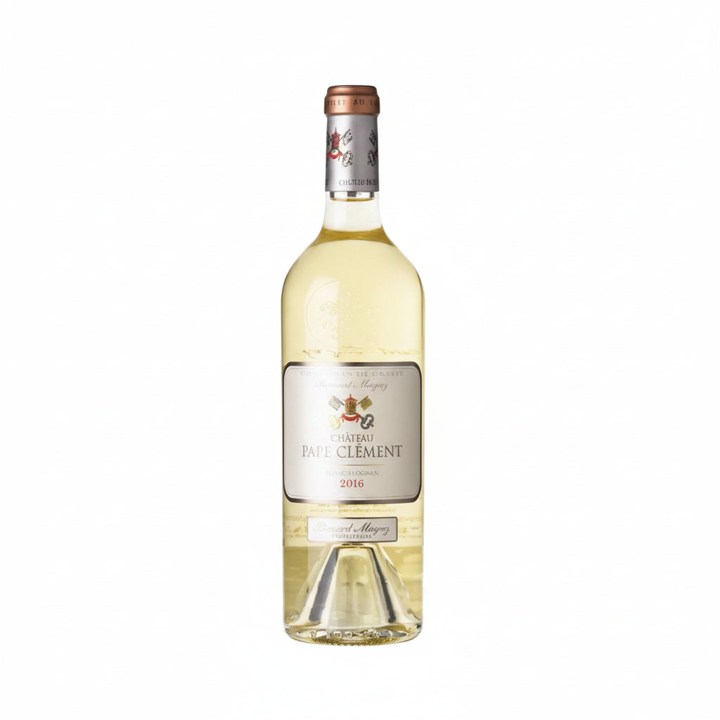 Bottle of Chateau Pape Clement Blanc 2016 white wine with a label featuring the Chateau crest and elegant gold accents.