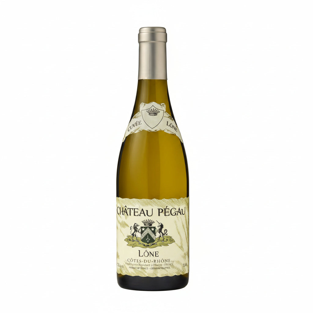 Chateau Pegau Cuvee Lone wine bottle with label showing elegant design and vineyard background.
