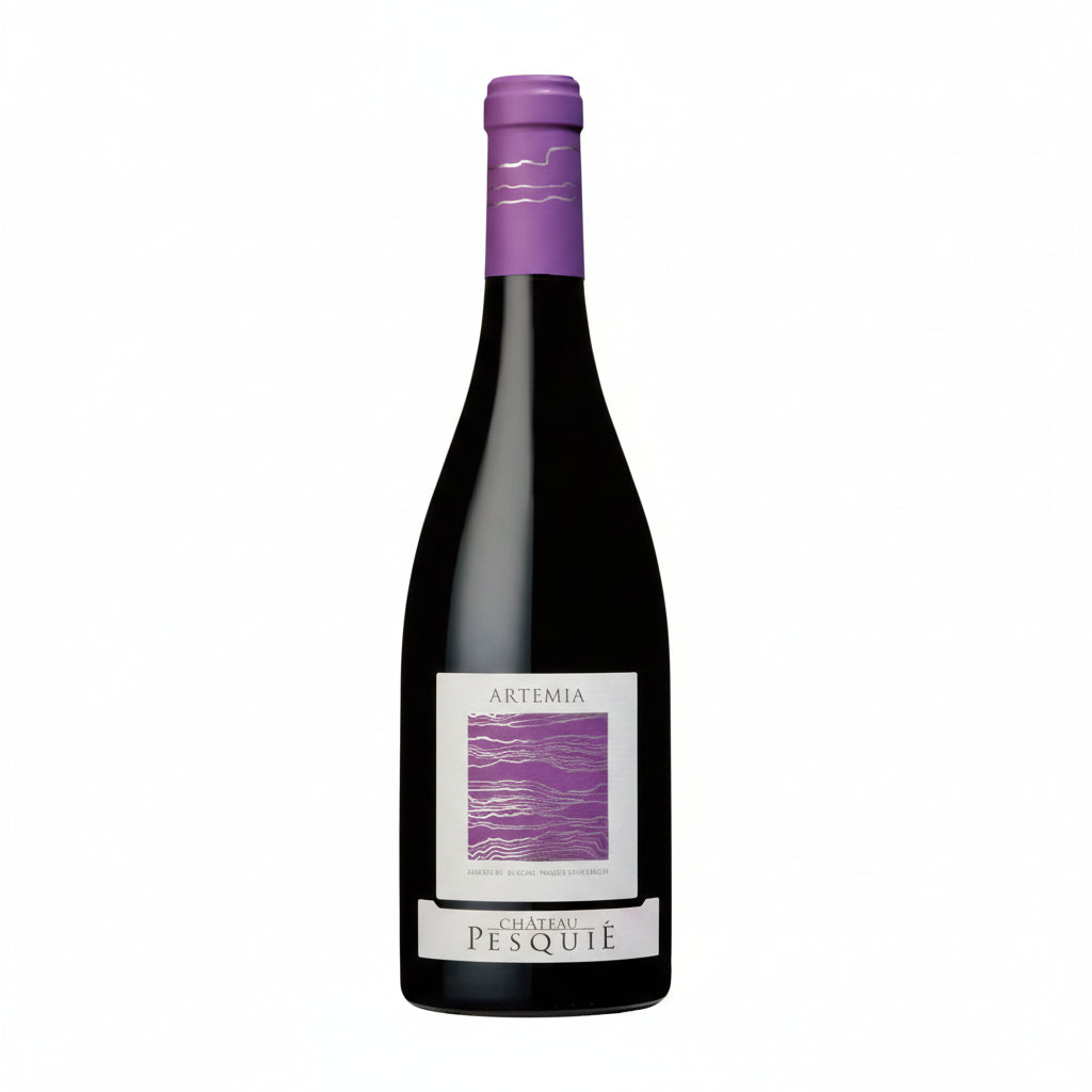 Bottle of Chateau Pesquie Artemia Rouge red wine with a dark label and cork, displayed upright against a neutral background.