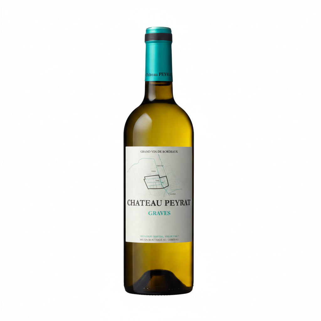 Chateau Peyrat Blanc white wine bottle with label, featuring a clear glass bottle and elegant label design.