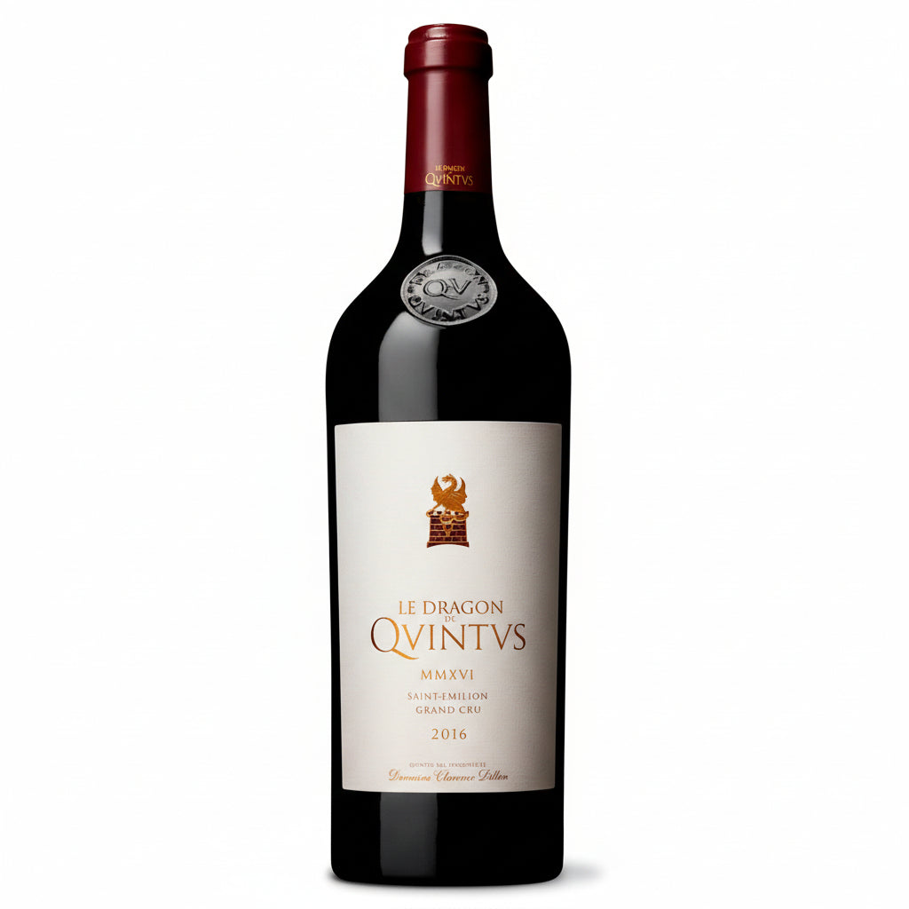 Bottle of Chateau Quintus Le Dragon De Quintus 2016 red wine in a glass, showcasing rich color and elegant label.