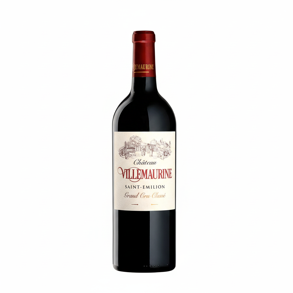 Bottle of Chateau Villemaurine 2016 red wine from Bordeaux with a dark label and traditional wine label design.