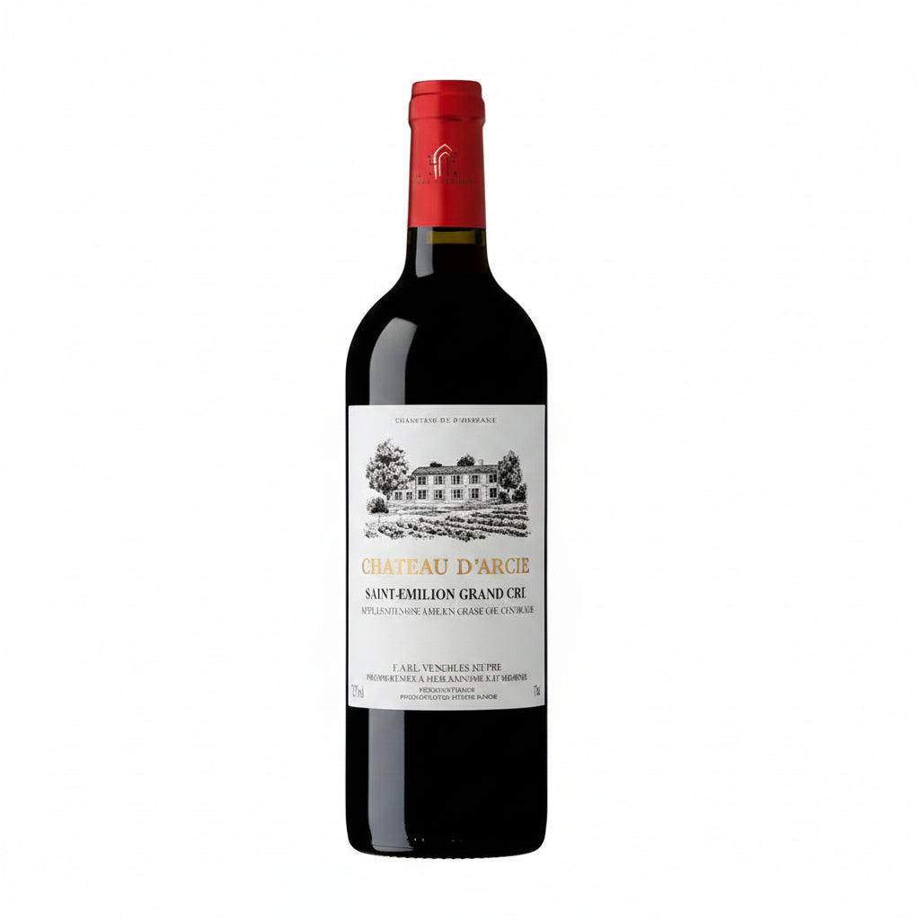 Chateau d'Arcie Saint Emilion Grand Cru wine bottle with label and cork, showcasing a premium red wine from Bordeaux region.