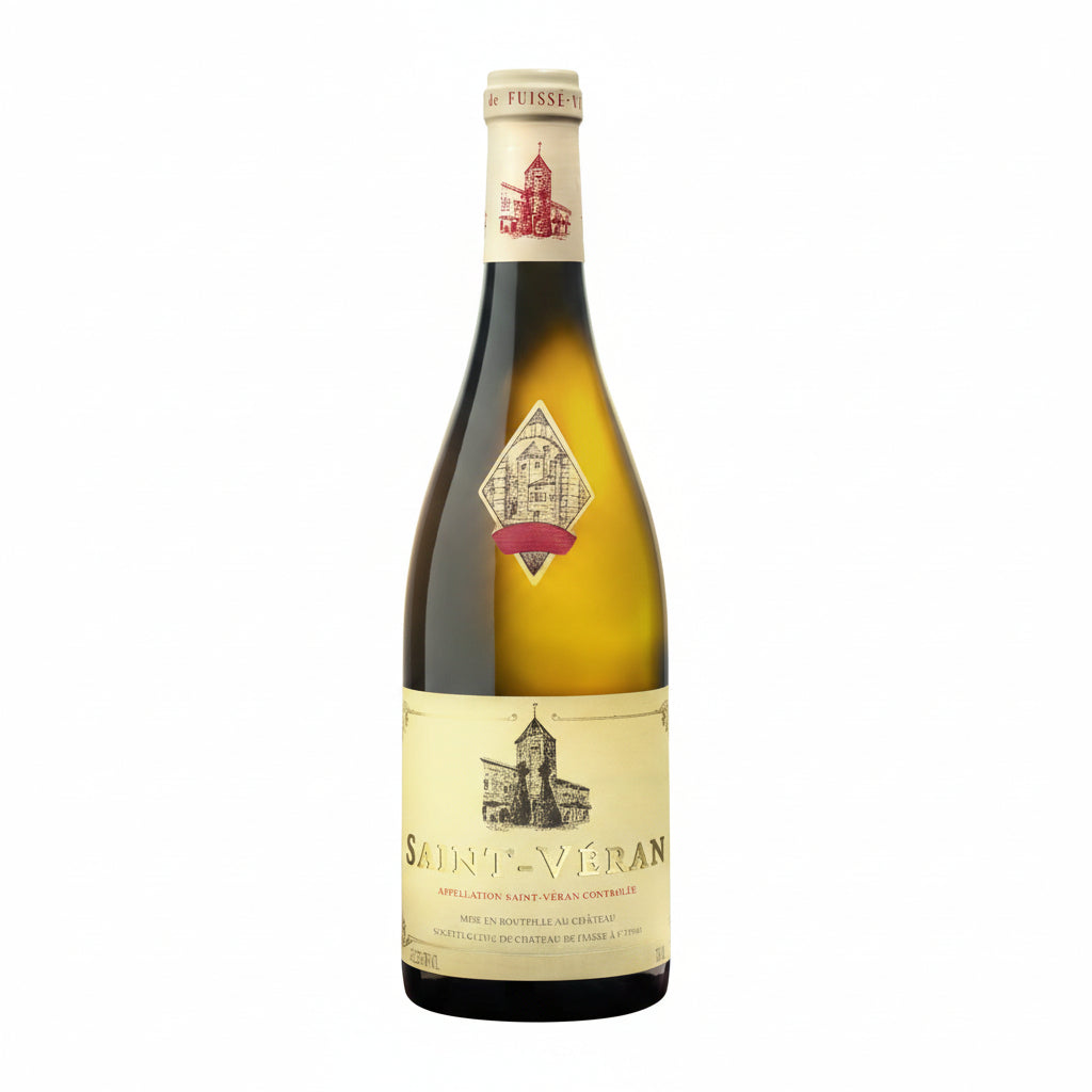 Chateau de Fuisse Saint-Veran white wine bottle on a wooden table with a glass of wine and vineyard background.