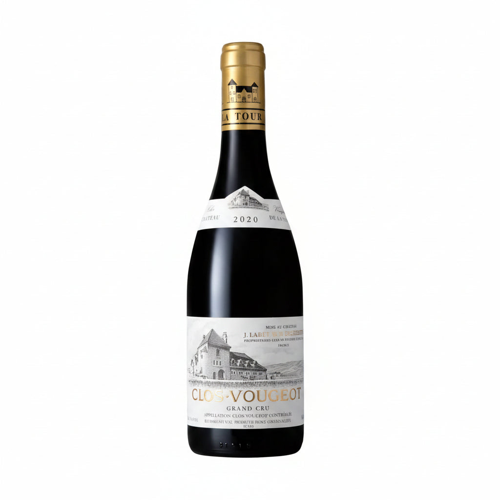 Bottle of Chateau de La Tour Clos de Vougeot Grand Cru 2020 red wine with a traditional label and elegant packaging.
