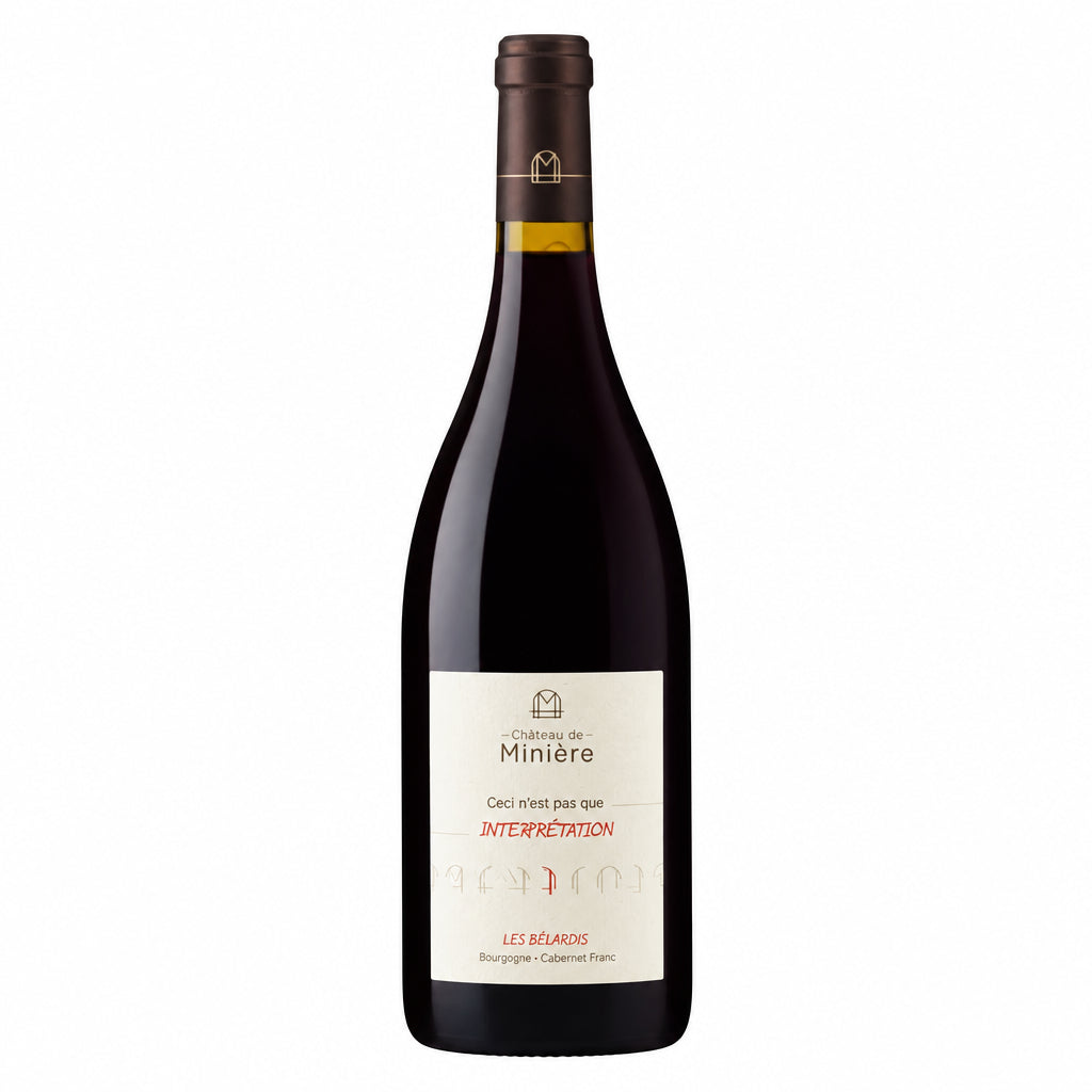 Chateau de Miniere Interpretation Les Bezards Cab Franc wine bottle with label and cork, showcasing elegant packaging and branding.