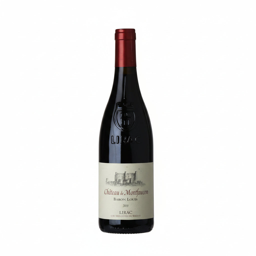 Chateau de Montfaucon Baron Louis Lirac wine bottle with label showing, set against a neutral background.