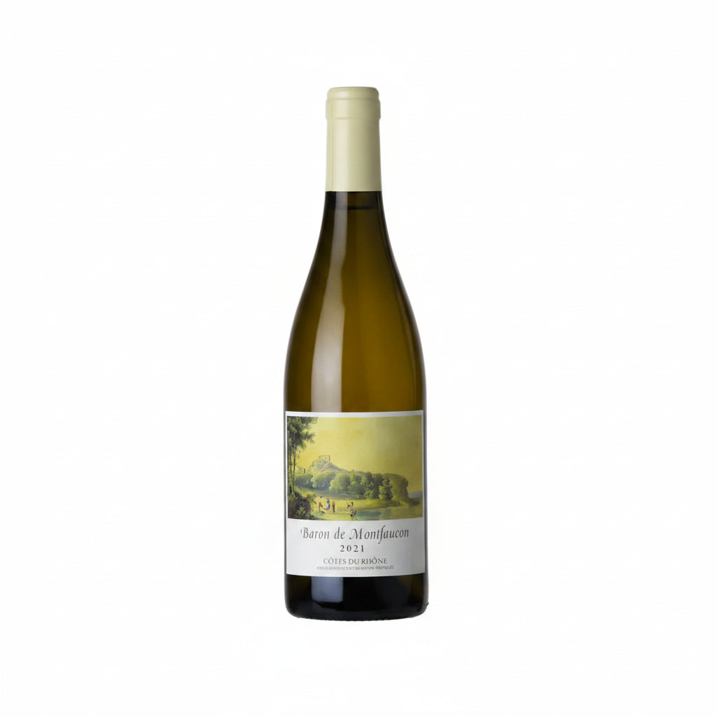 Chateau de Montfaucon Cotes du Rhone Blanc wine bottle with a white label and elegant design on a wooden surface.