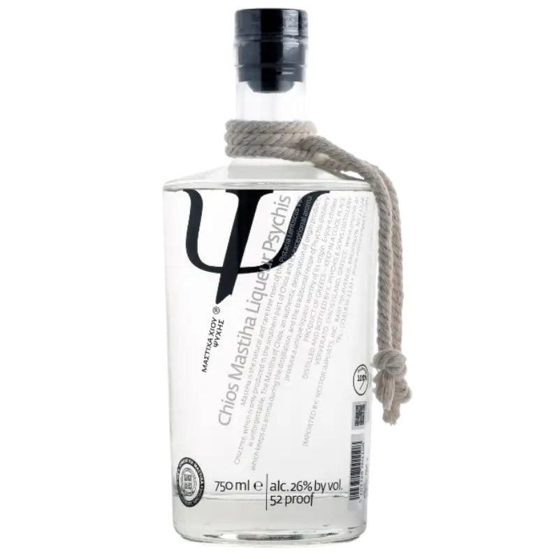 Buy Chios Mastiha Liqueur 750mL clear bottle with rope accent, 26% alcohol.