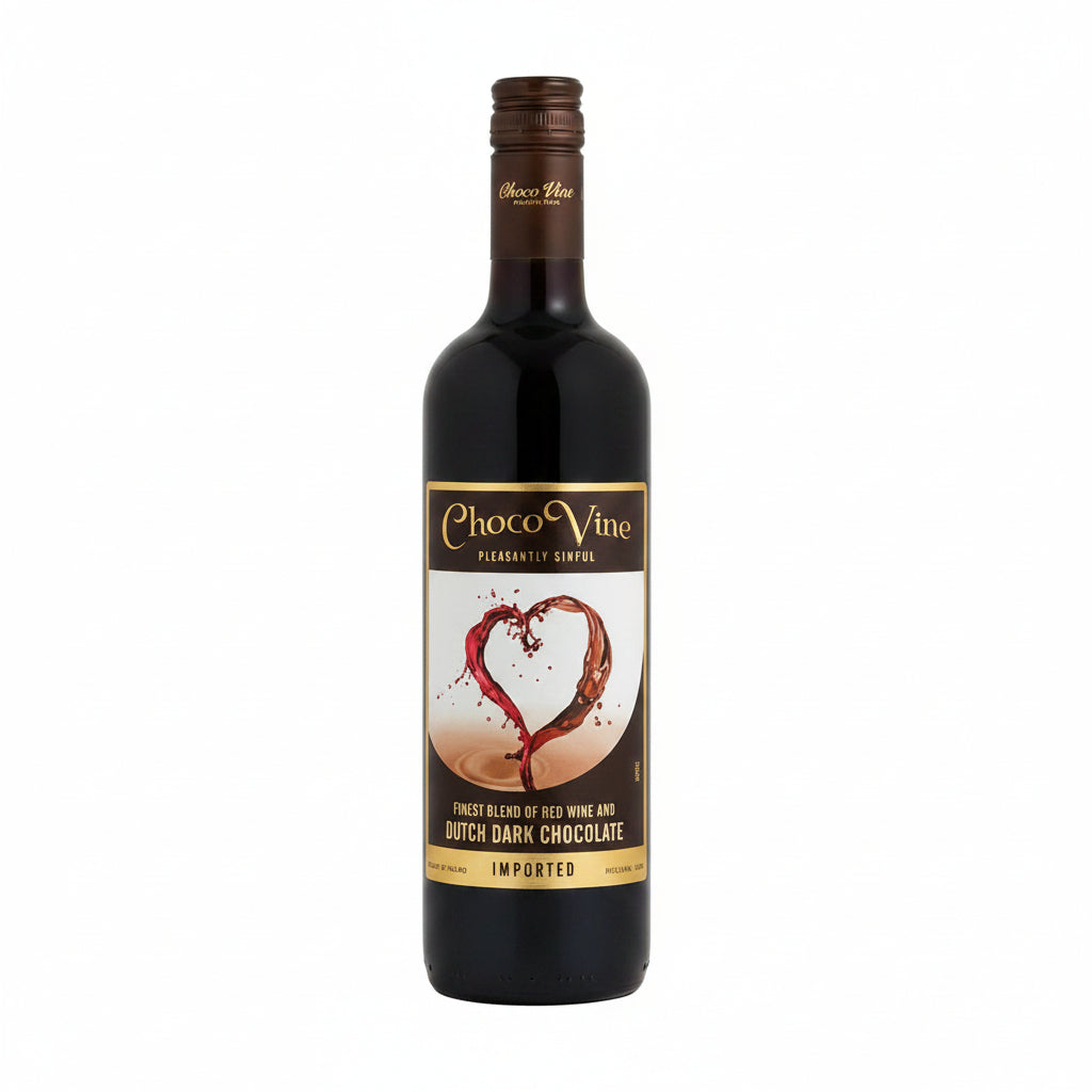 Bottle of Chocovine Dark Chocolate liqueur in a 750mL bottle, featuring dark chocolate flavor and rich, smooth texture.