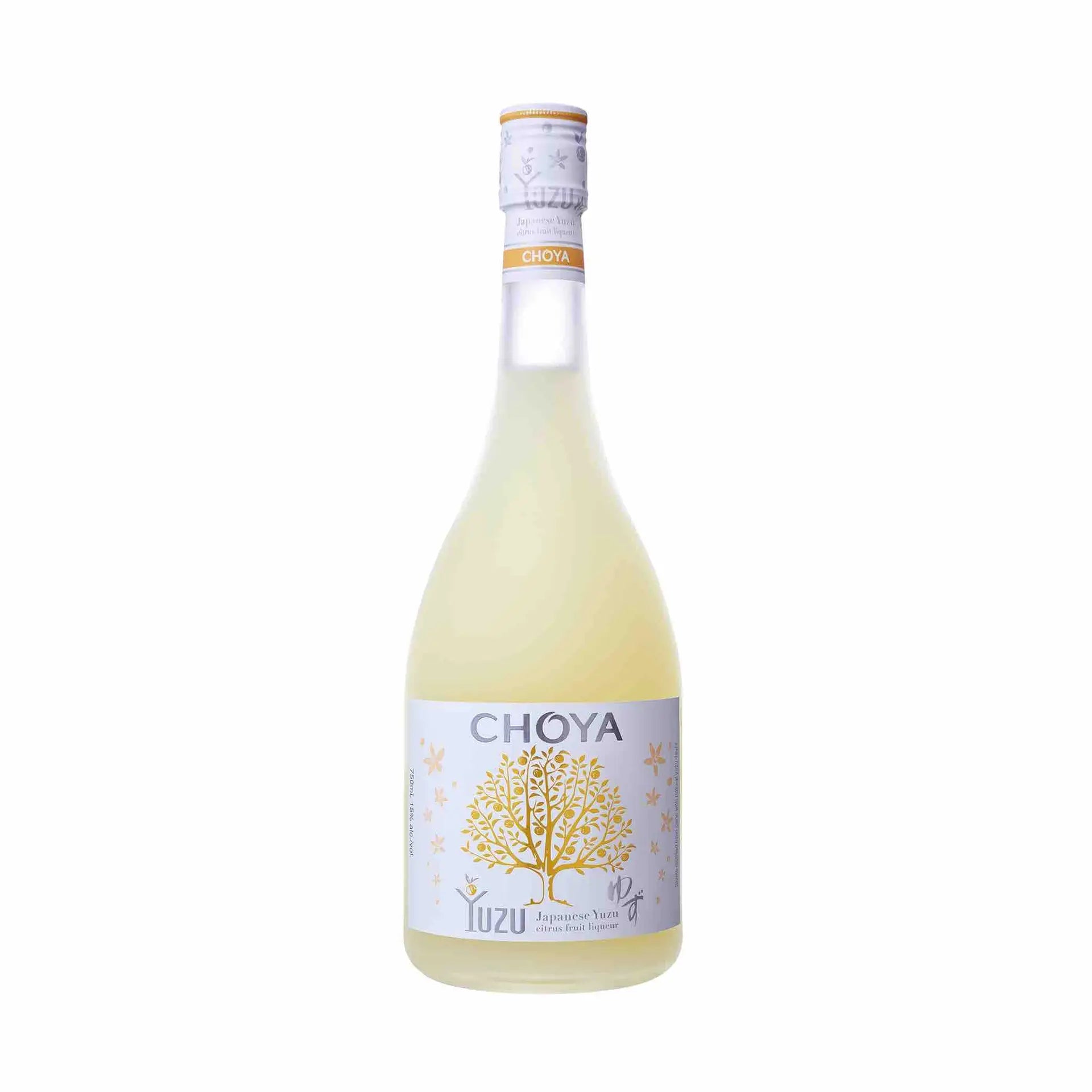 Buy Choya Yuzu Liqueur 750mL, citrus Japanese liqueur in a frosted bottle with white label.