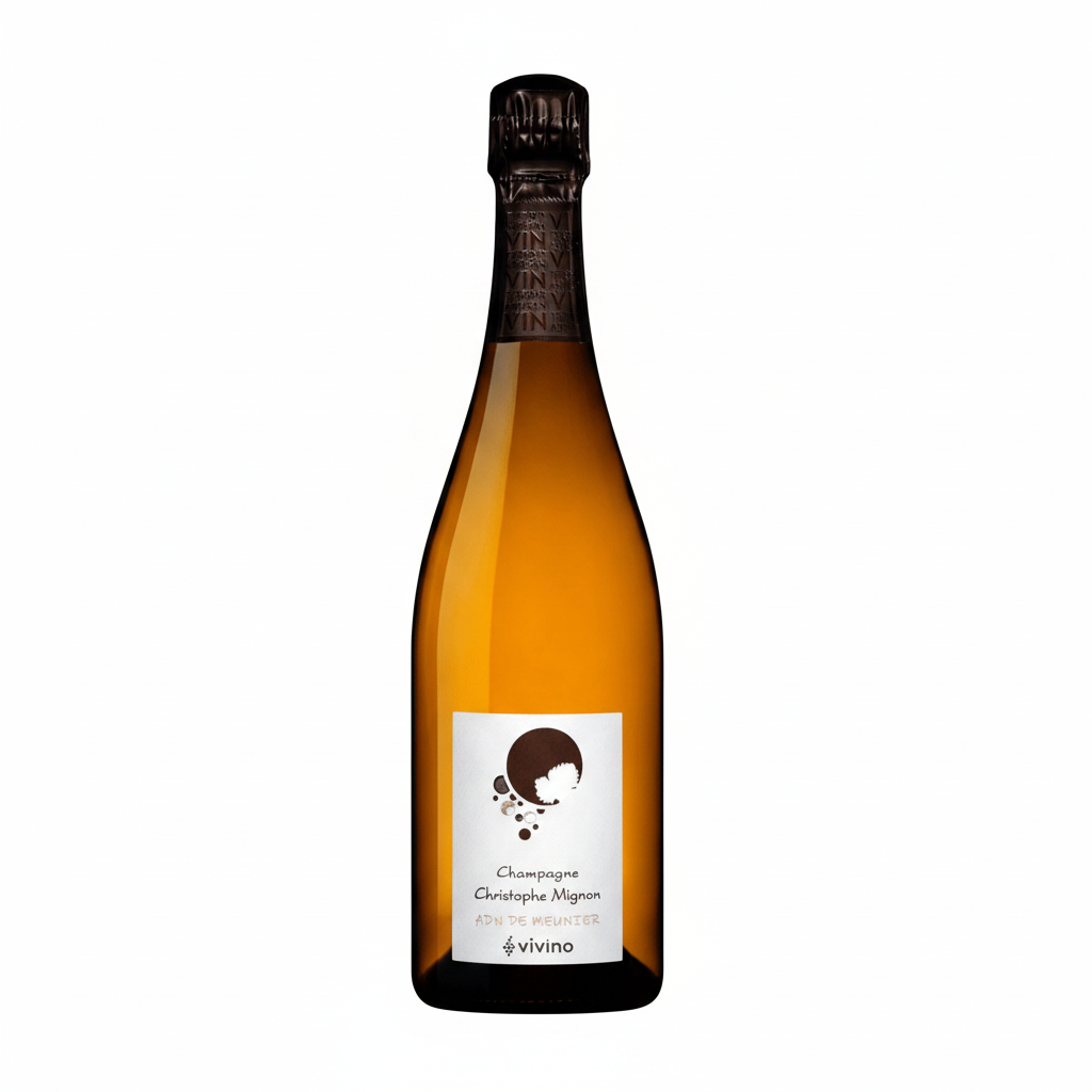 Bottle of Christophe Mignon Meunier Brut Nature sparkling wine in a clear glass bottle with a gold foil top.