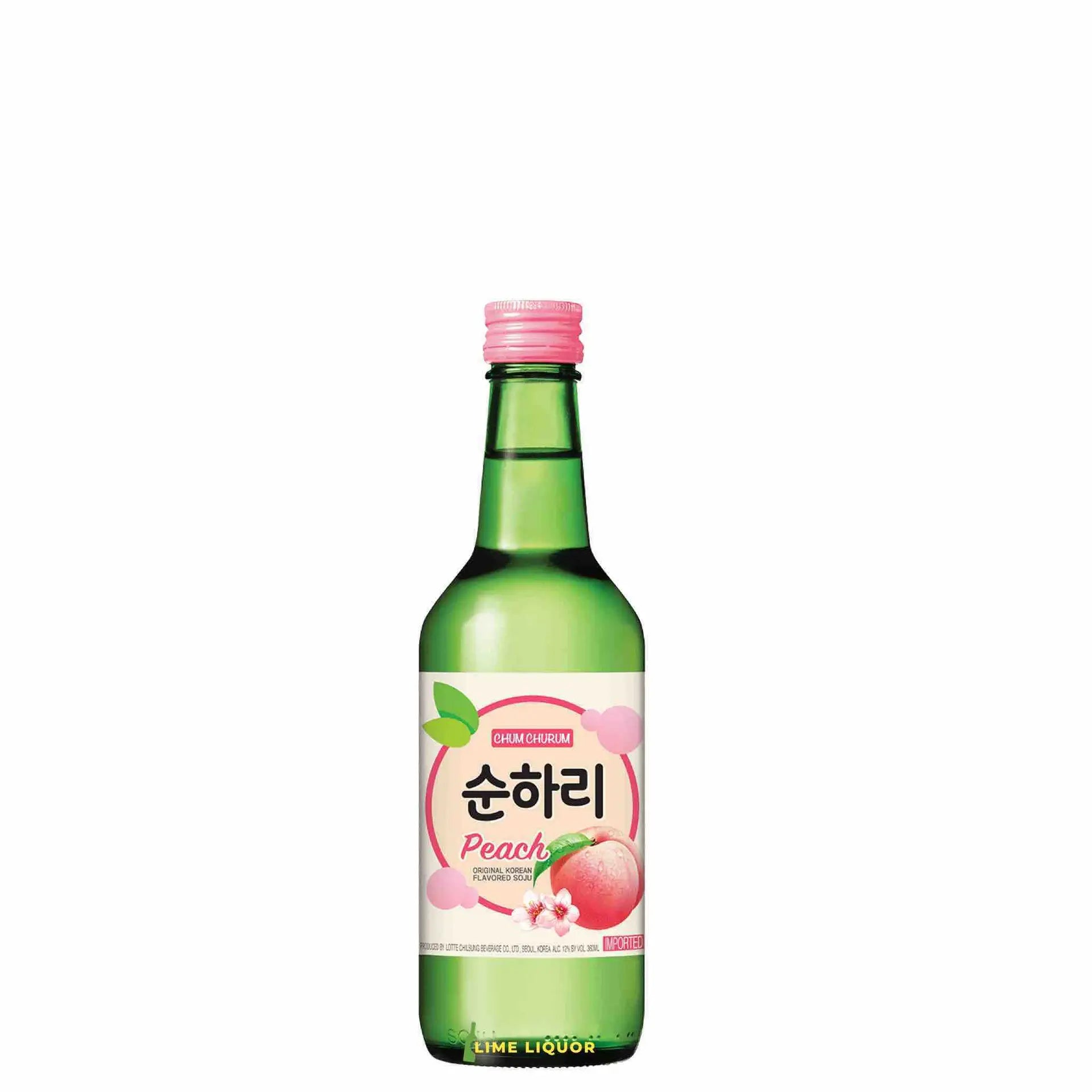 Buy Chum Churum Peach 360mL, Korean peach flavored soju in a green bottle.