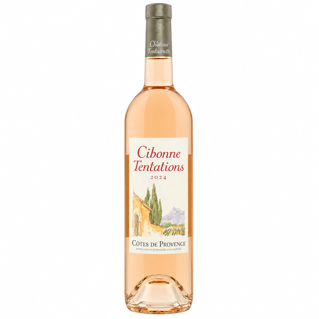 Close-up of a Magnum 1.5L bottle of Clos Cibonne Tentations Rose wine, showing the label and elegant glass bottle shape.