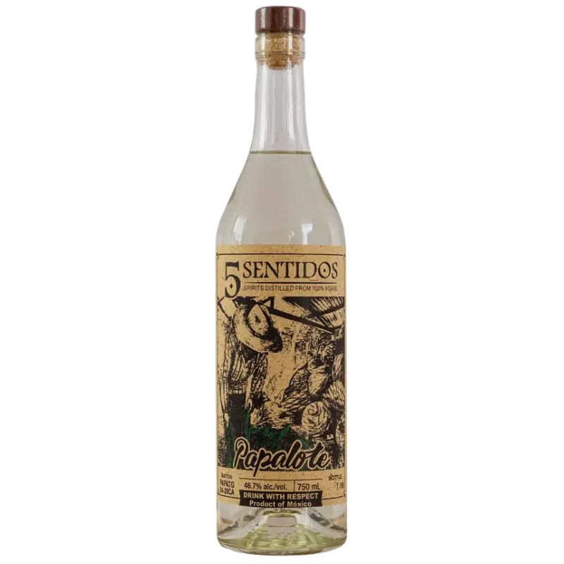 Buy Cinco Sentidos Papalote 750mL mezcal bottle with rustic label and clear liquor