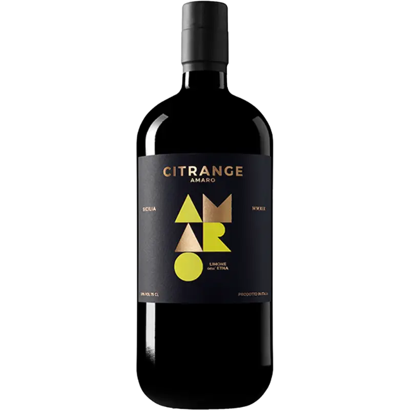 Buy Citrange Amaro Limone 750mL, lime liquor in a sleek black bottle with gold label.
