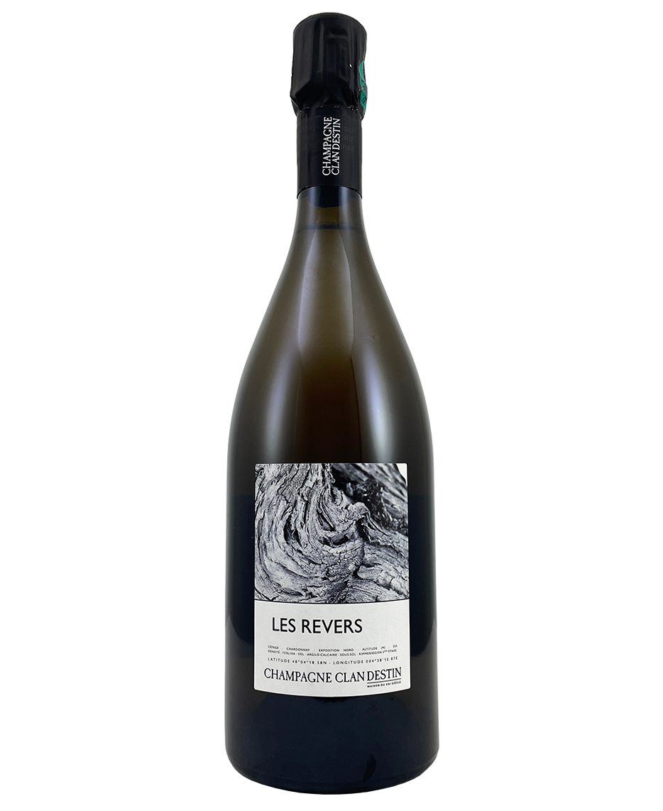 Bottle of Champagne Clandestin Les Revers Blanc de Noirs sparkling wine with a elegant label and foil cap.