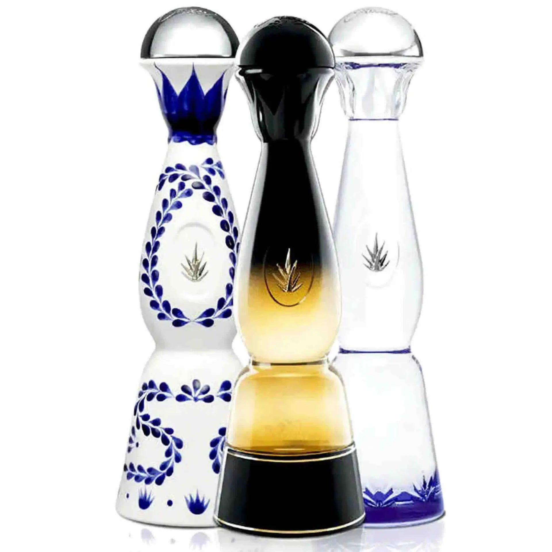Buy Clase Azul tequila collectible bottles, three unique artisanal bottles on white background