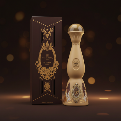 A luxury bottle of Clase Azul tea with its matching dark brown box, both decorated with intricate gold and silver filigree patterns, set against a dark background with warm golden bokeh lights.