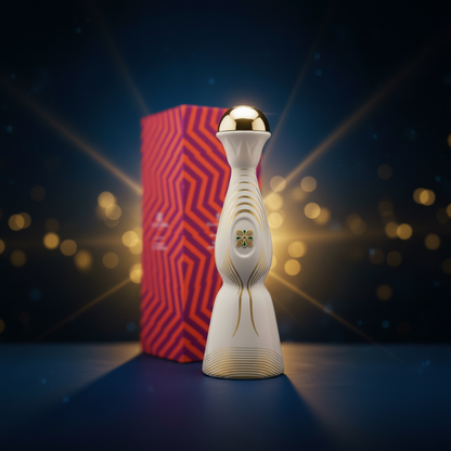 Decorative bottle with gold cap and geometric patterned box on a white background