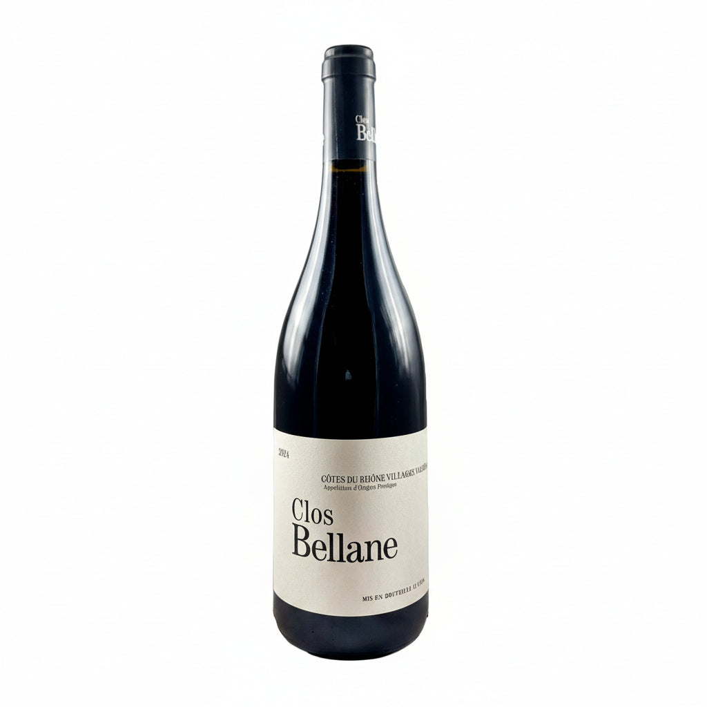 Clos Bellane Cotes du Rhone Valreas red wine bottle with label and dark glass, showcasing the wine's elegant packaging.
