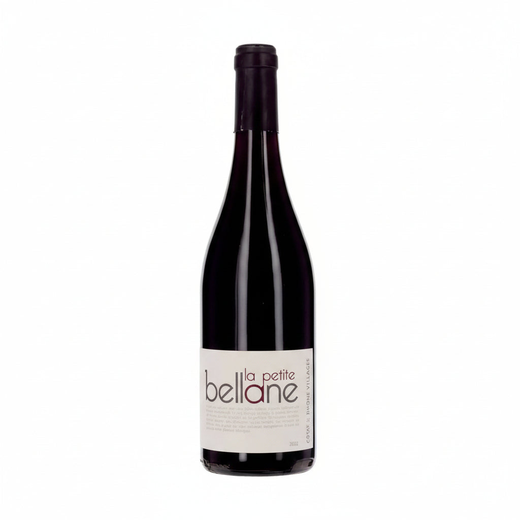 Close-up of a bottle of Clos Bellane La Petite Cotes Du Rhone red wine with a label featuring elegant design.