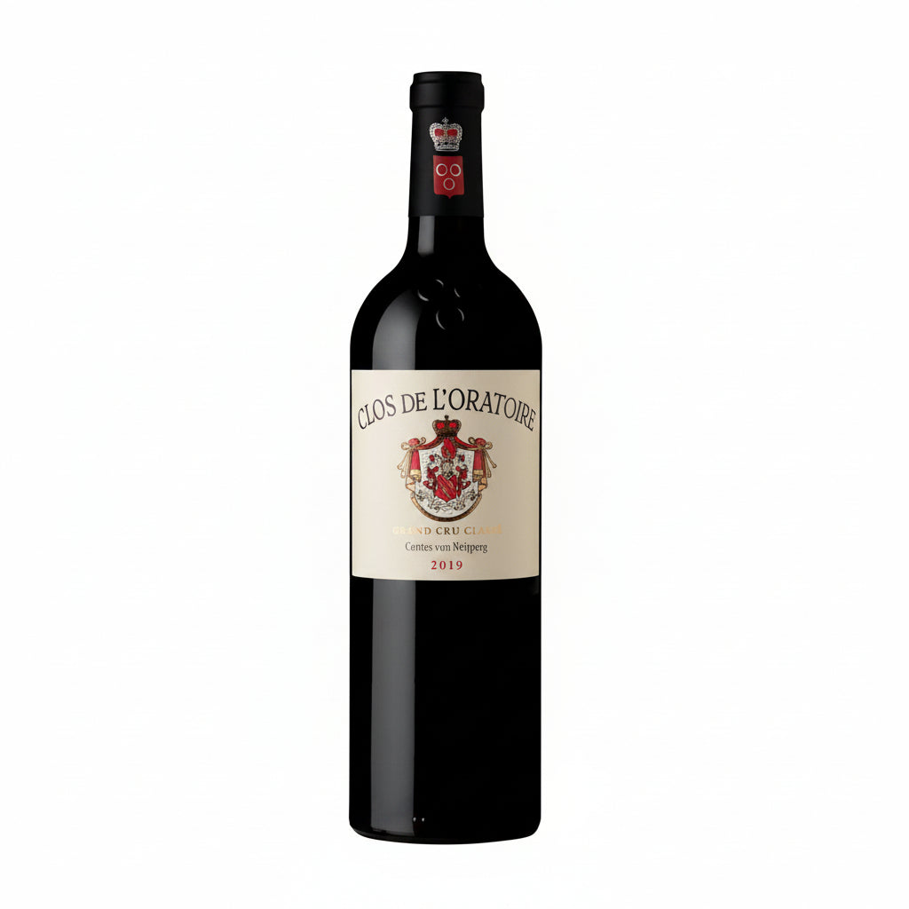 Close-up of a bottle of Clos De L'Oratoire wine by Clos, showing the label and elegant dark glass bottle.