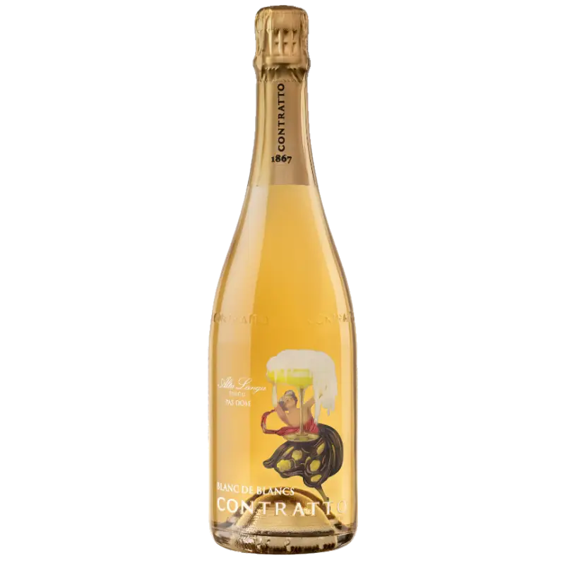 Buy Contratto Blanc De Blancs 750mL sparkling wine, gold bottle with vintage label design