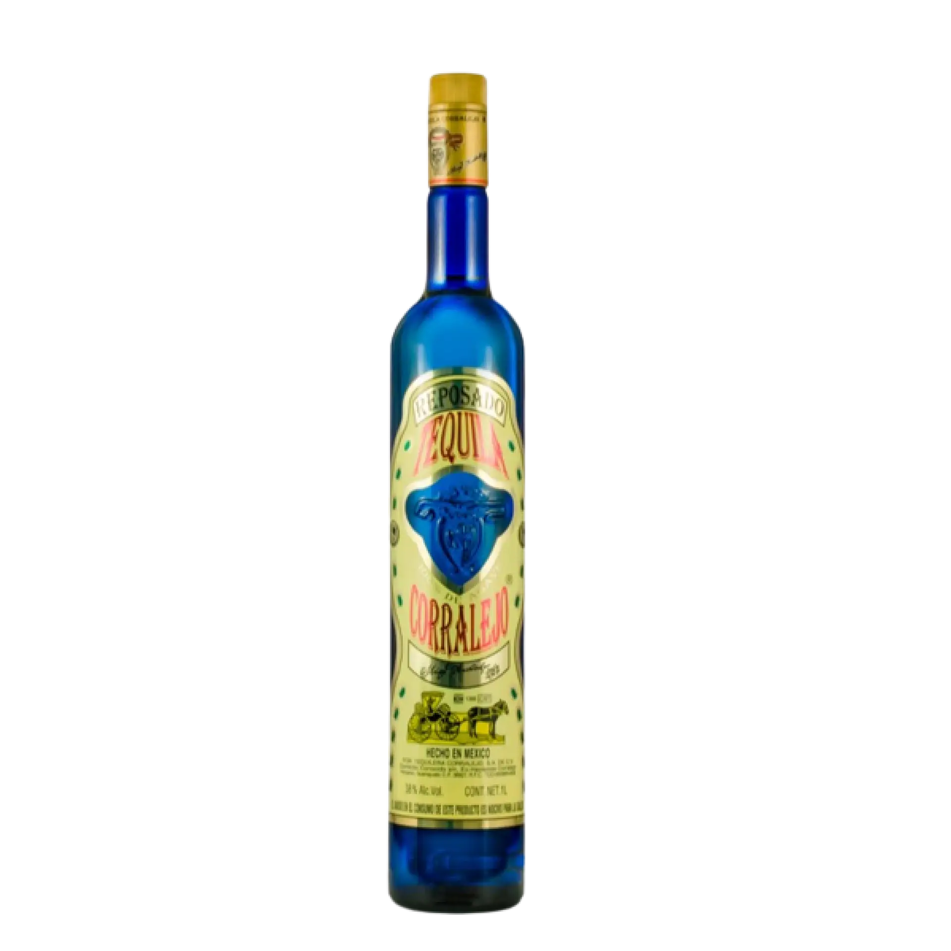 Buy Corralejo Reposado 750mL tequila, blue bottle with yellow label on white background