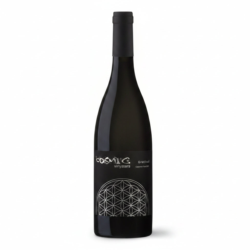 Bottle of Cosmic Vinyaters Gratitud Cabernet Franc red wine in a 750mL bottle, featuring a dark glass and elegant label.