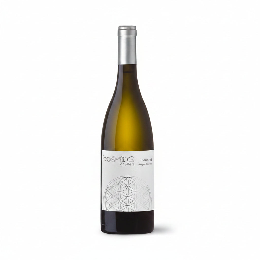 Green and clear glass bottle of Cosmic Vinyaters Gratitud Sauvignon Blanc 750mL with a white wine label and cork top.