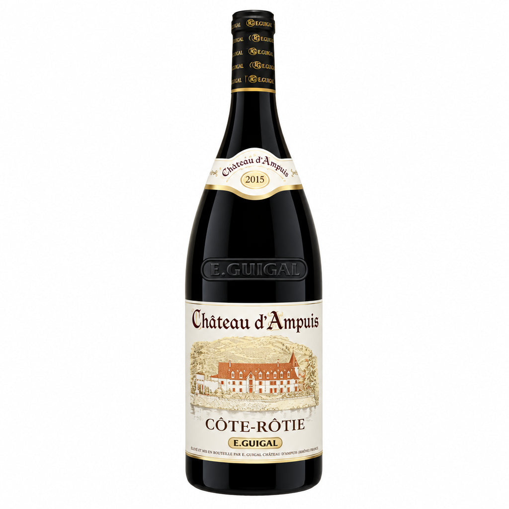 Guigal Cote-Rotie Chateau d'Ampuis 2015 wine in a 1.5L magnum bottle, featuring elegant label and deep red color.