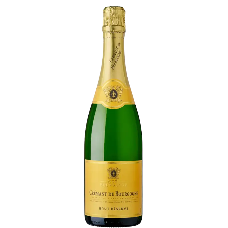 Buy Crémant de Bourgogne Réserve Brut 750mL sparkling wine, gold label bottle.