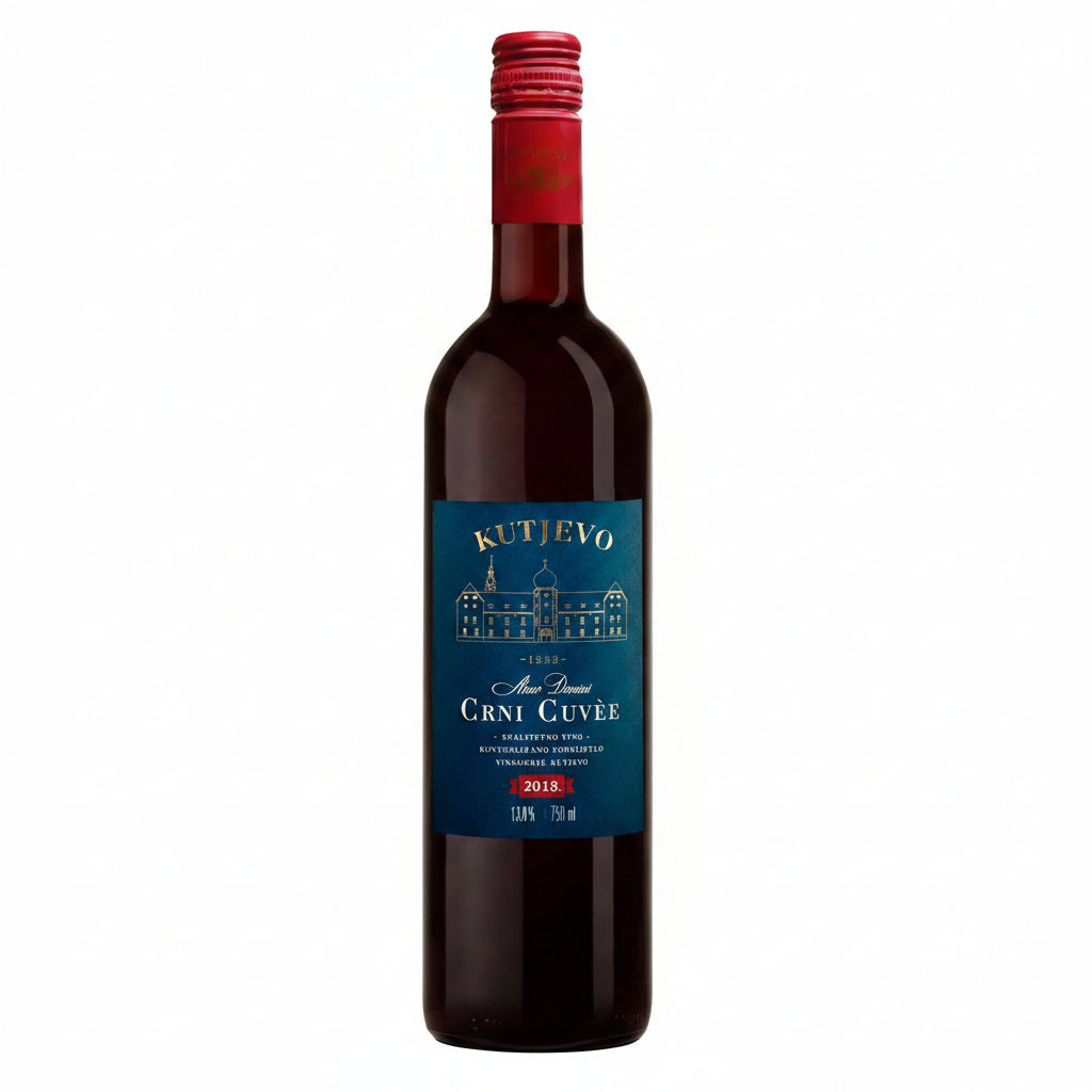 Bottle of Crni Cuvee wine from Kutjevo winery, 750mL, featuring a dark label and elegant wine bottle design.