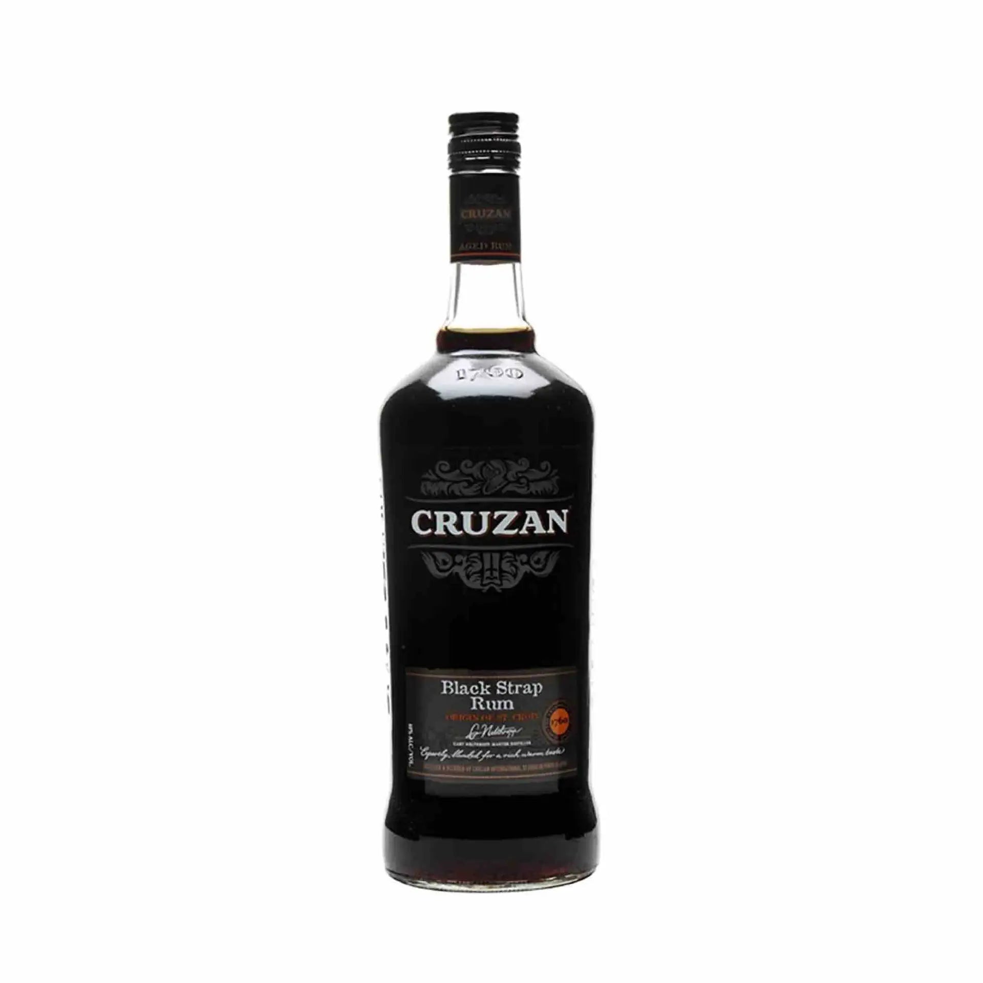 Buy Cruzan Black Strap Rum 750mL, dark rum bottle on white background