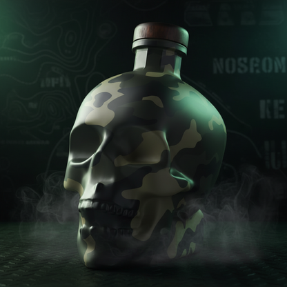 Camouflage-patterned skull-shaped bottle on a white background