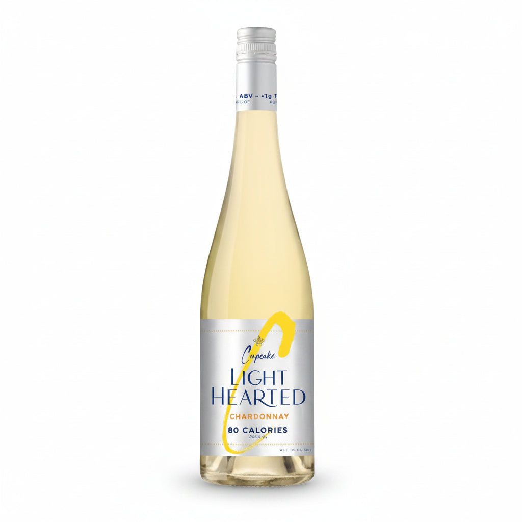Bottle of Cupcake Lighthearted Chardonnay 750mL, with a white wine label and a clear glass bottle on a neutral background.