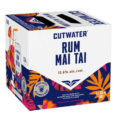 Four cans of Cutwater Mai Tai cocktail, 355mL each, showing the vibrant labels and tropical design on the cans.