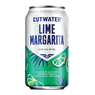Four cans of Cutwater Lime Margarita in 355mL bottles, featuring vibrant lime and margarita branding on the packaging.