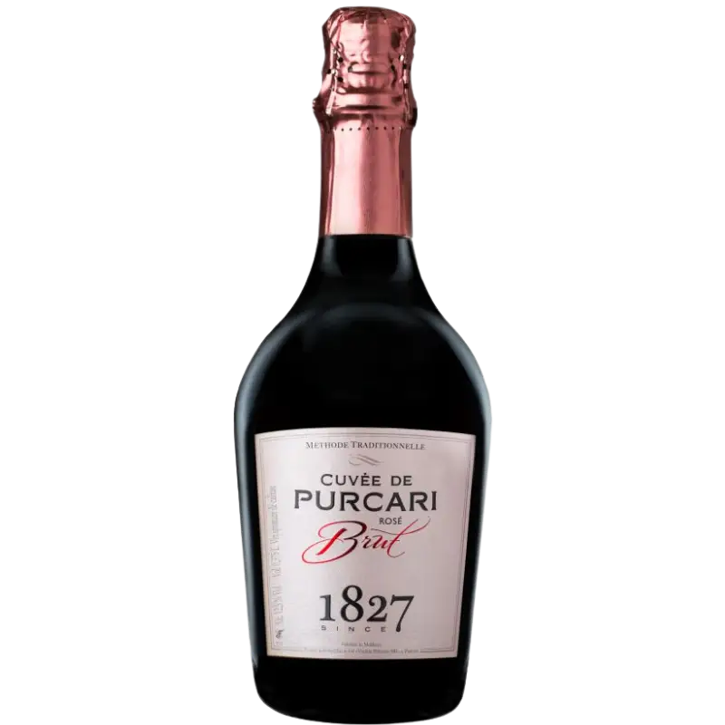 Buy Cuvee De Purcari Rose Brut 750mL sparkling wine with pink foil and label.