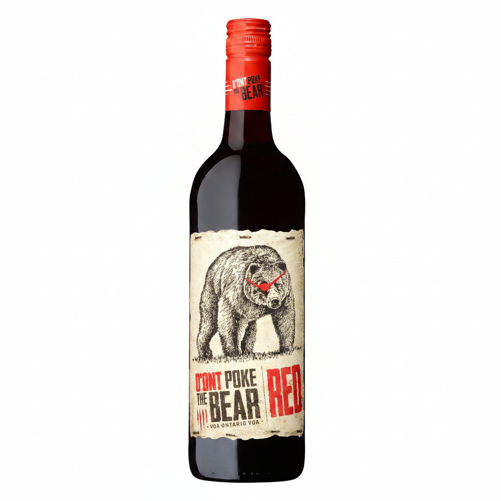 D'Ont Poke The Bear Red VQA wine bottle, 750mL, featuring a vibrant label with a bear illustration and red wine inside the bottle.