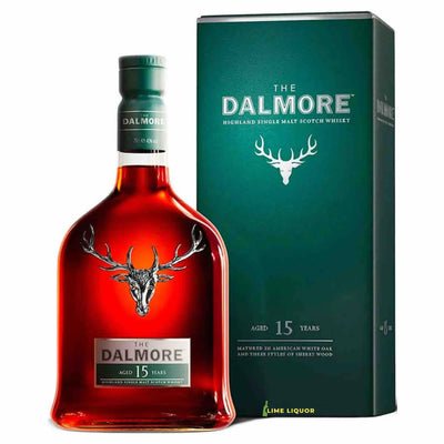 Bottle of Dalmore 15 Year Old Highland Single Malt Scotch Whisky in a 750mL bottle with a dark label and gold accents.