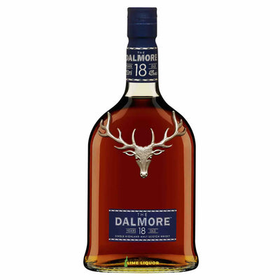 Bottle of Dalmore 18 Year Old Highland Single Malt Scotch Whisky in a clear 750mL bottle with a detailed label and wooden cap.