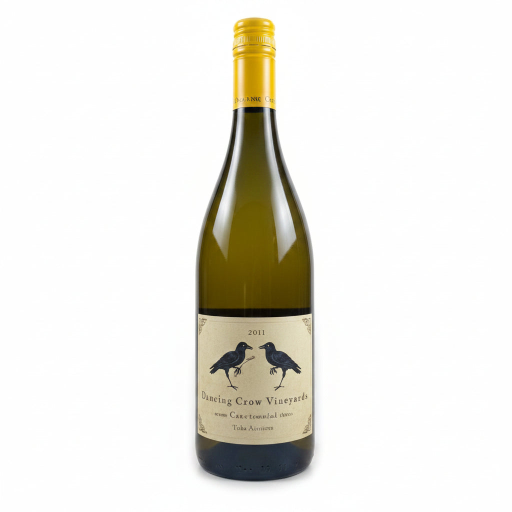 A 750mL bottle of Dancing Crow Chardonnay wine with a label featuring a crow illustration, set against a neutral background.