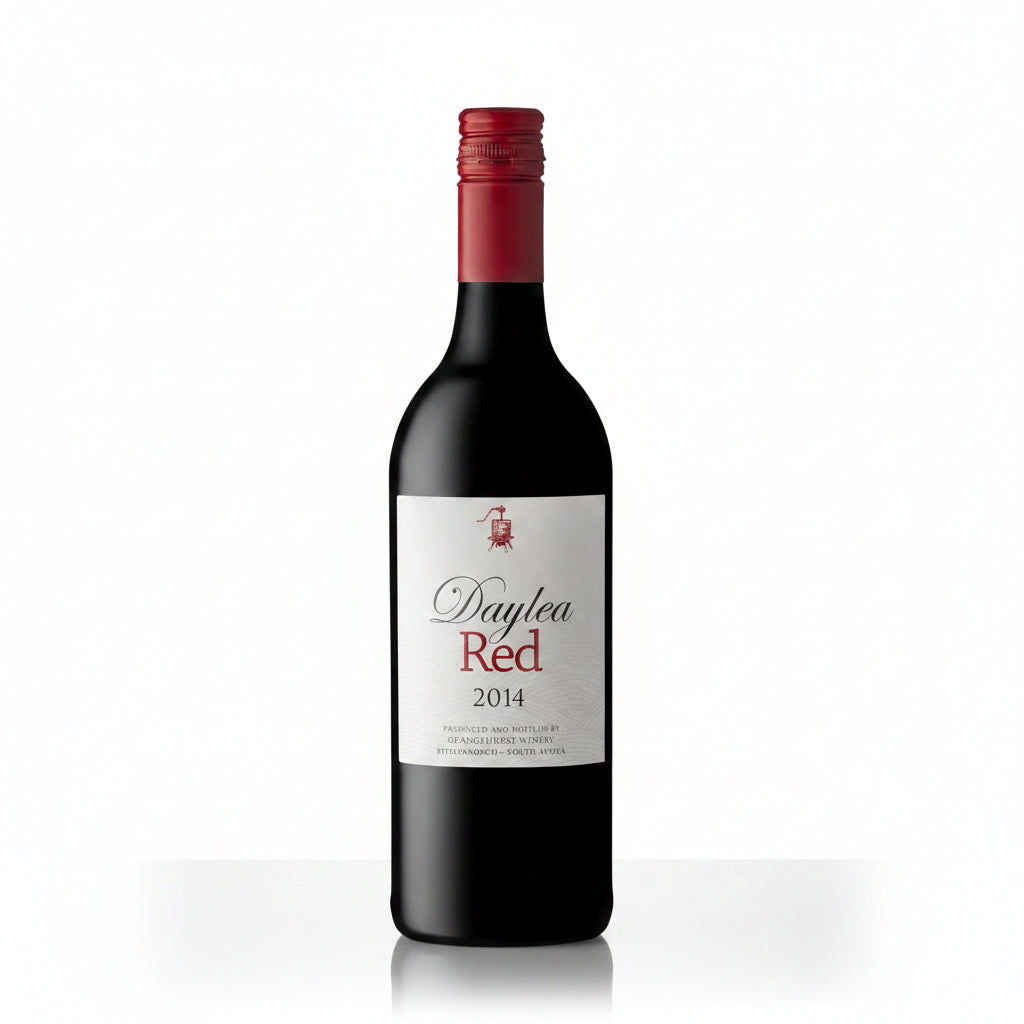 Bottle of Daylea Red Cape Blend wine, 750mL, with a red and gold label, displayed on a wooden surface.